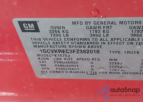 2015 Chevrolet Silverado 1500 1Lt from USA, damaged, VIN 1GCVKREC3FZ382018